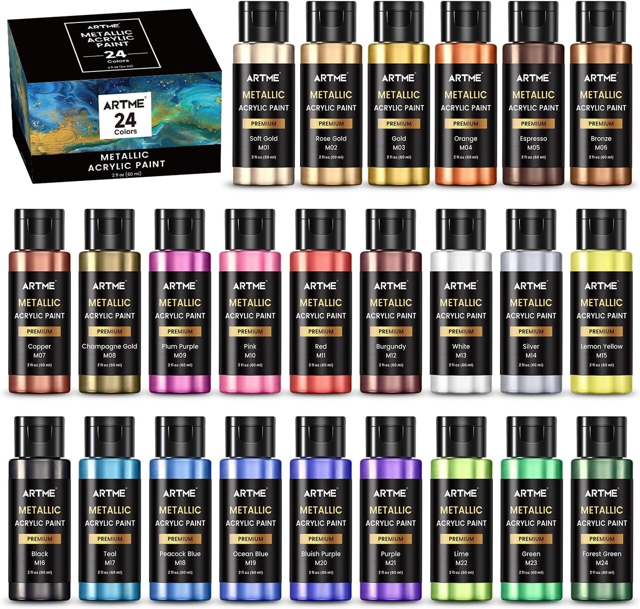 Metallic Acrylic Paint Set, 24 Metallic Colors in 2 oz/60ml Bottles, Metallic Shining Acrylic Paint, Rich Pigments Paint Perfect for Artists, Beginners on Canvas, Rocks, Wood, Fabric, Ceramic